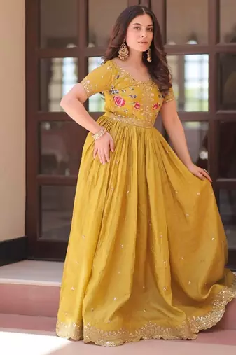 yellow embroidered sequins designer long kurti