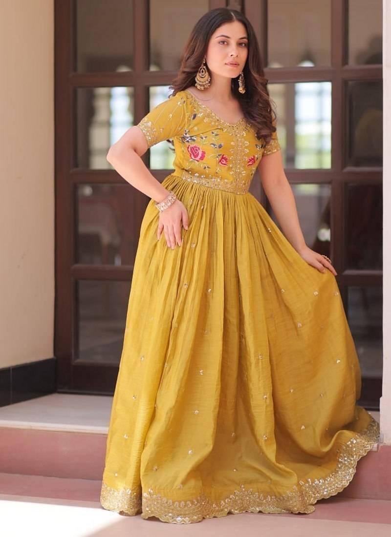 Yellow Designer Readymade Long Kurti With Embroidery Sequins Work