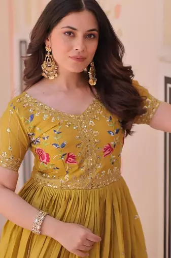 yellow embroidered sequins designer long kurti