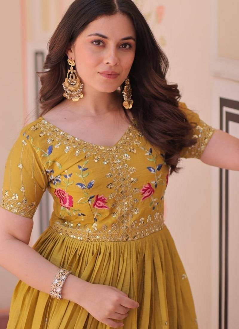 Yellow Designer Readymade Long Kurti With Embroidery Sequins Work