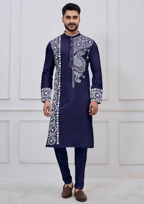navy blue embroidered viscose festive kurta trouser set 1