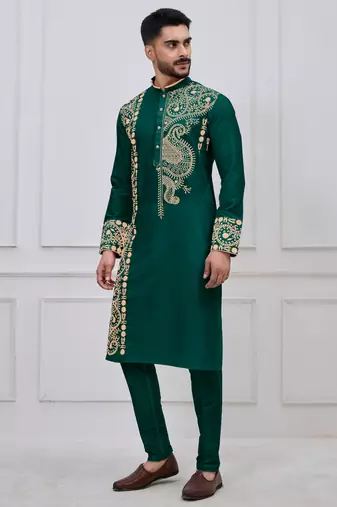 green embroidered viscose festive kurta trouser set