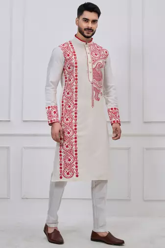 white embroidered viscose festive kurta trouser set