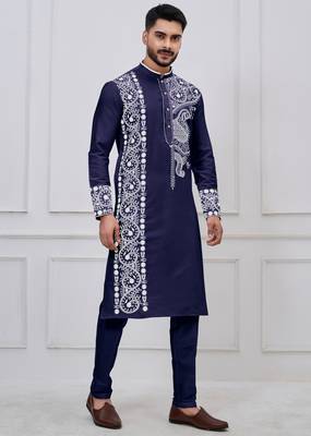 navy blue embroidered viscose festive kurta trouser set 2