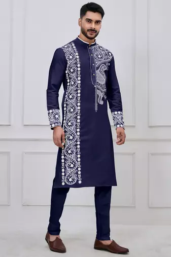 navy blue embroidered viscose festive kurta trouser set
