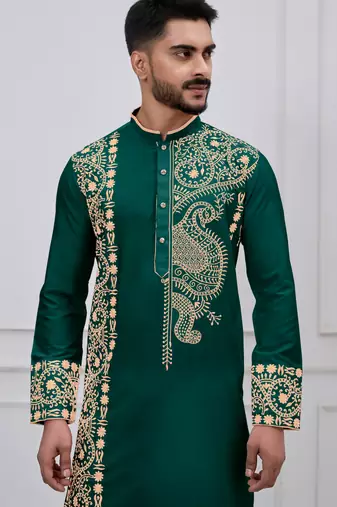 green embroidered viscose festive kurta trouser set