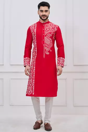 Red ps viscose premium designer festive wear kurta trouser set