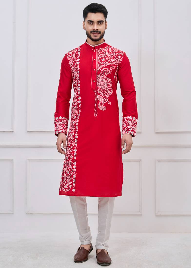 Red ps viscose premium designer festive wear kurta trouser set