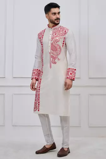 white embroidered viscose festive kurta trouser set