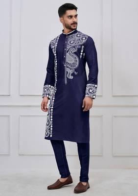 navy blue embroidered viscose festive kurta trouser set 3