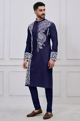 navy blue embroidered viscose festive kurta trouser set