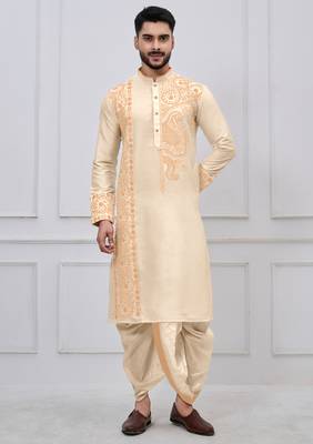 gold embroidered viscose premium designer festive bengali dhoti kurta set 1