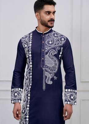 navy blue embroidered viscose festive kurta trouser set 4