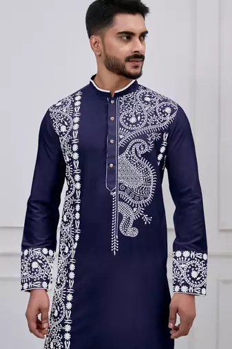 navy blue embroidered viscose festive kurta trouser set
