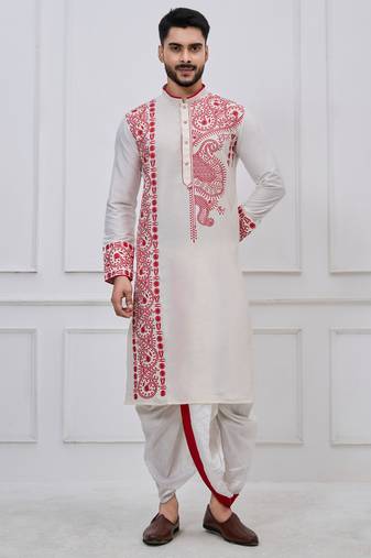 White ps viscose premium designer festive wear bengali dhoti kurta set