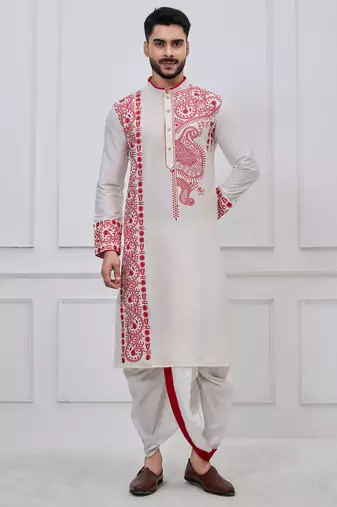 White ps viscose premium designer festive wear bengali dhoti kurta set