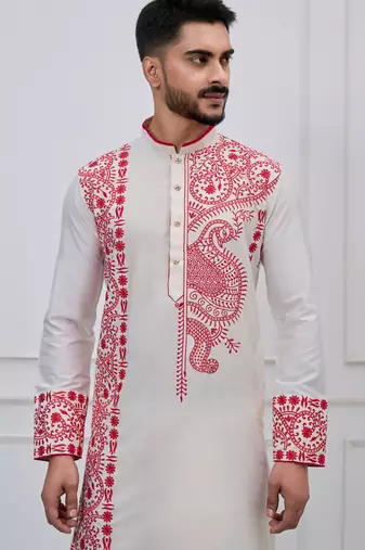 white embroidered viscose festive kurta trouser set