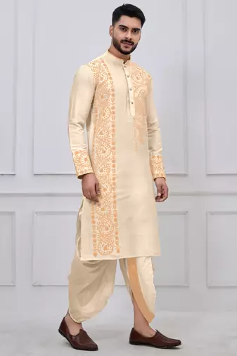 gold embroidered viscose premium designer festive bengali dhoti kurta set