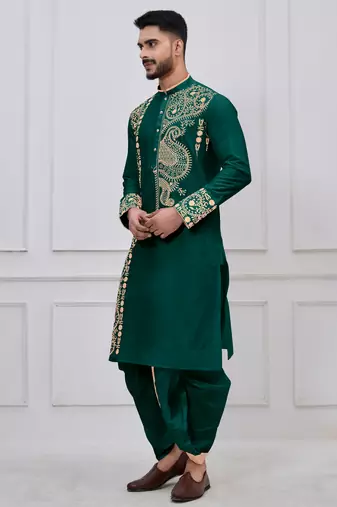 Green ps viscose premium designer festive wear bengali dhoti kurta set
