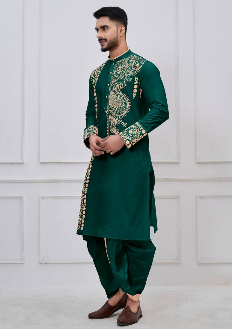 Green ps viscose premium designer festive wear bengali dhoti kurta set