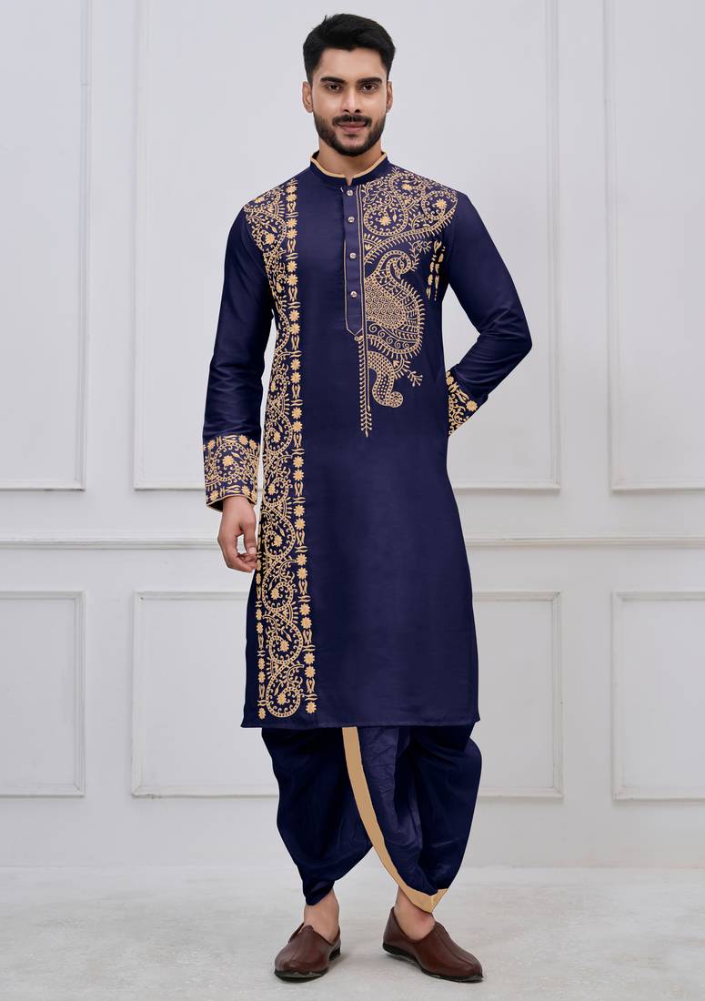 Navy blue ps viscose premium designer festive wear bengali dhoti kurta set