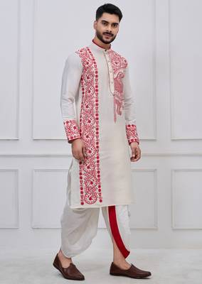 white embroidered viscose premium designer festive bengali dhoti kurta set 2