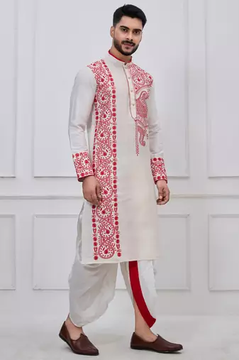 white embroidered viscose premium designer festive bengali dhoti kurta set