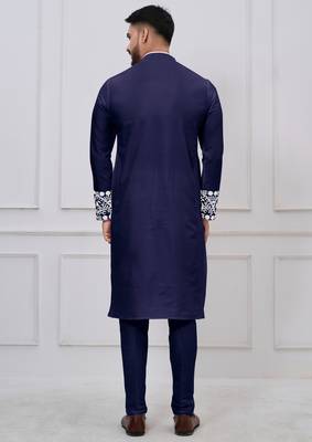 navy blue embroidered viscose festive kurta trouser set 5