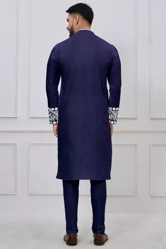 navy blue embroidered viscose festive kurta trouser set