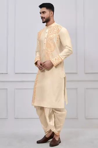 gold embroidered viscose premium designer festive bengali dhoti kurta set