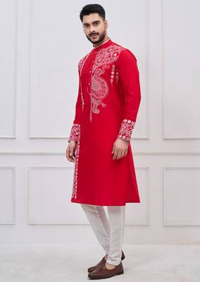 red embroidered viscose premium designer festive kurta trouser set 2