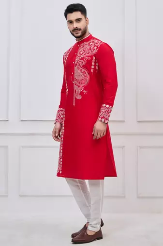 red embroidered viscose premium designer festive kurta trouser set