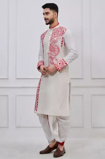 white embroidered viscose premium designer festive bengali dhoti kurta set