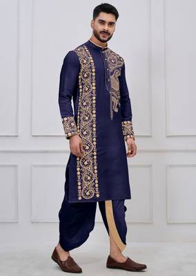 navy blue embroidered viscose premium designer festive bengali dhoti kurta set 2