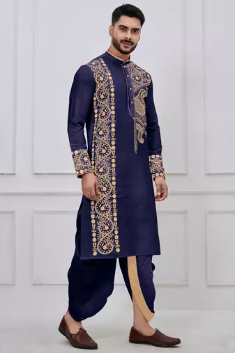 navy blue embroidered viscose premium designer festive bengali dhoti kurta set