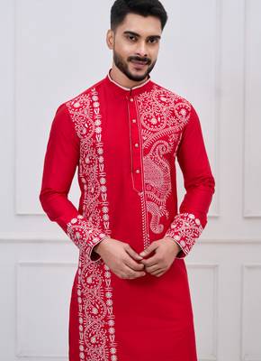 red embroidered viscose premium designer festive kurta trouser set 3