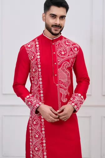 red embroidered viscose premium designer festive kurta trouser set