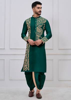 green embroidered viscose premium designer festive bengali dhoti kurta set 3