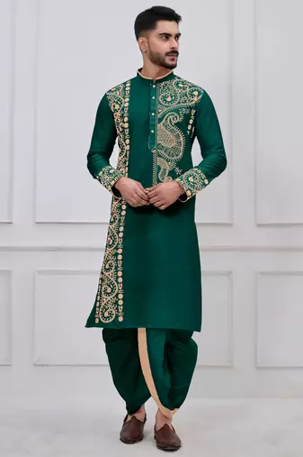 green embroidered viscose premium designer festive bengali dhoti kurta set