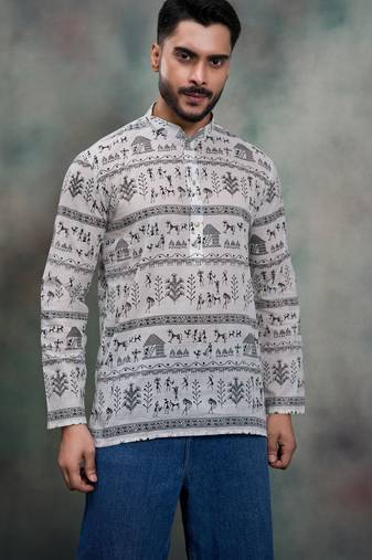 Grey color khadi-moubani print premium designer festive wear short kurta only