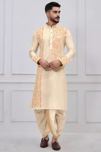 gold embroidered viscose premium designer festive bengali dhoti kurta set