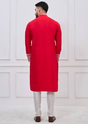 red embroidered viscose premium designer festive kurta trouser set 4