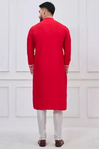 red embroidered viscose premium designer festive kurta trouser set