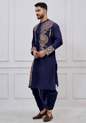 navy blue embroidered viscose premium designer festive bengali dhoti kurta set 3