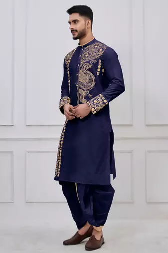 navy blue embroidered viscose premium designer festive bengali dhoti kurta set