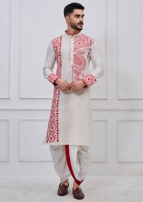white embroidered viscose premium designer festive bengali dhoti kurta set 5