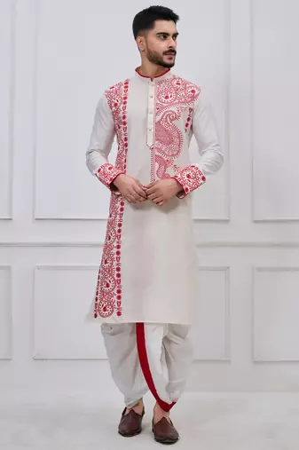 white embroidered viscose premium designer festive bengali dhoti kurta set