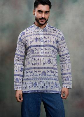purple tribal print khadi moubani premium designer festive short kurta 1