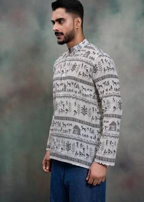 black tribal print khadi moubani premium designer festive short kurta 2