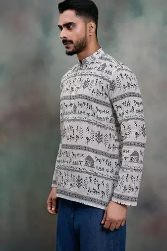 black tribal print khadi moubani premium designer festive short kurta